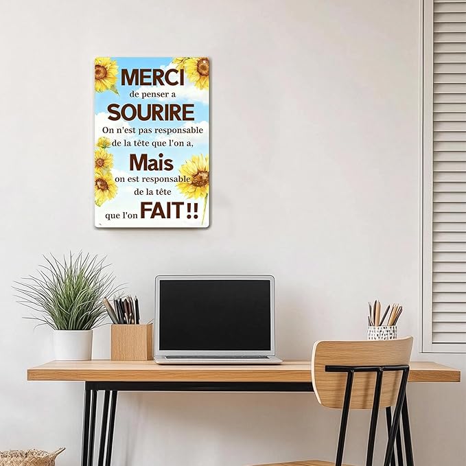 Motivational Wall Decor Metal Tin Signs – Inspirational Wall Art with French Quote, Rustic Farmhouse Wall Decor for Kitchen, Bathroom, or Bedroom, Motivational Sunflower Tin Sign for Home or Rustic Decor, 8x12 Inch