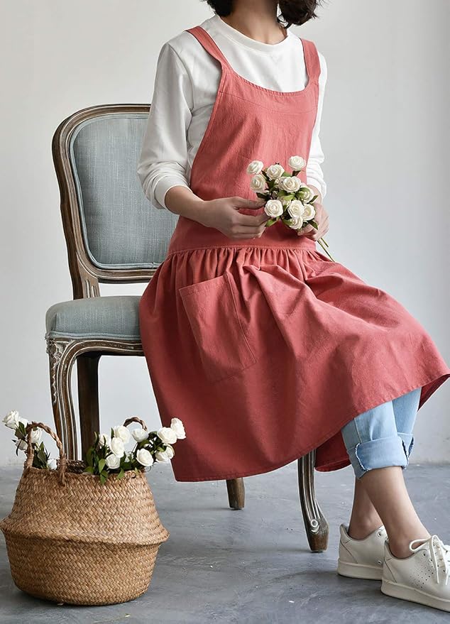 NEWGEM Cotton Linen Cross Back Apron for Women with Pockets for Painting Cleaning Grapefruit Red with Waist Ties