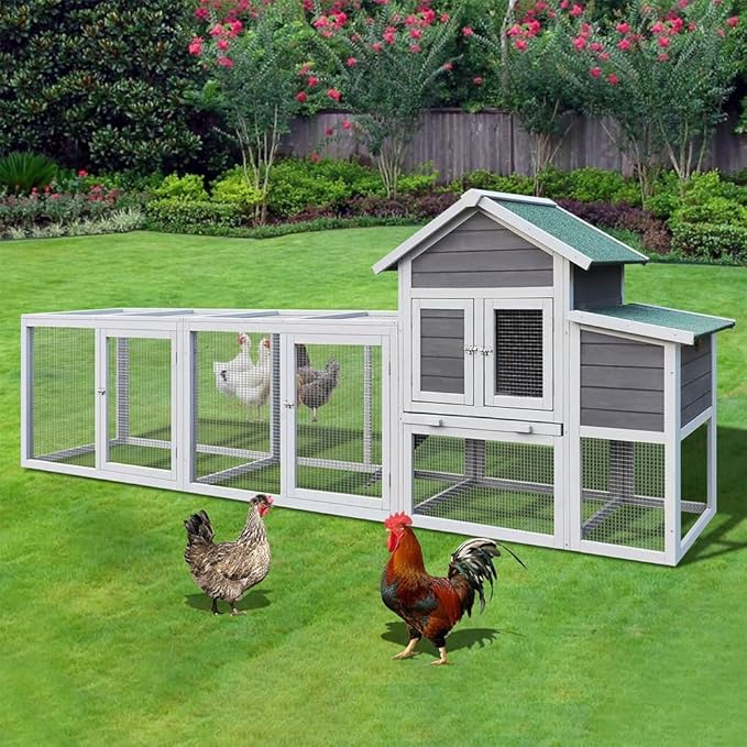 122" Large Chicken Coop with Nesting Box and Run, Outdoor Wooden Poultry Cage with Waterproof Asphalt Roof, Pull-Out Tray, and Ramp, Hen House for 3–6 Chickens, Grey