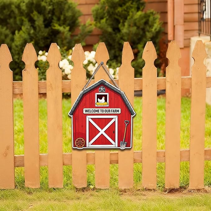 Farmhouse Wall Decor, Red Barn Welcome to Our Farm Sign with Chicken, Rustic Cartoon Painting Style Wood Hanging Plaque, Country Farmhouse Wall Art for Kitchen Porch or Entryway, 9.8x10.2 Inches