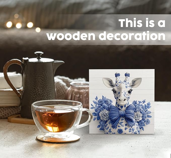 Blue and White Chinoiserie Giraffe Wooden Signs,Grand Millenial Bow Blue Giraffe Floral Home Decor Signs,Chinoiserie Porcelain Desk Decorations,Farm Animal Office Bathroom Decor