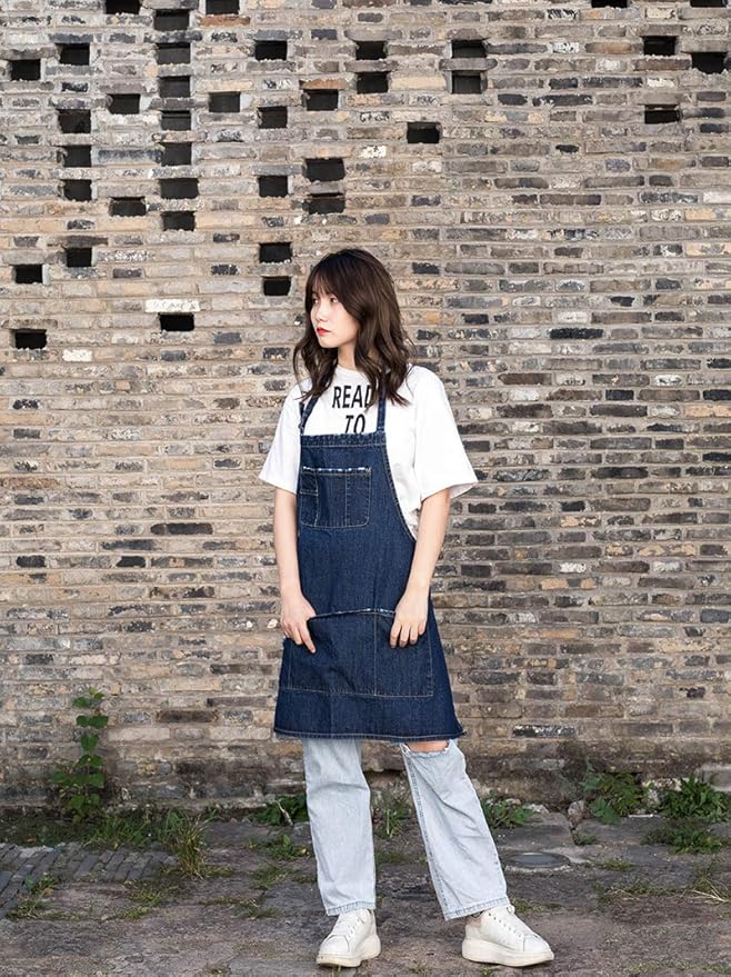 Cotton Denim Apron Soft - Unisex Adjustable Bib Apron with 5-Pockets Perfect for Kitchens