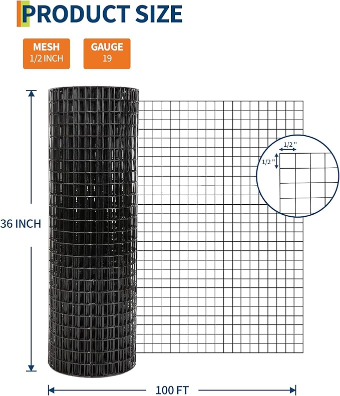 1/2 in 36 in x 100 ft Hardware Cloth, 19GA Chicken Wire Fencing,Galvanized Welded Wire Mesh Roll for Poultry Netting Cage, Chicken Coop, Black
