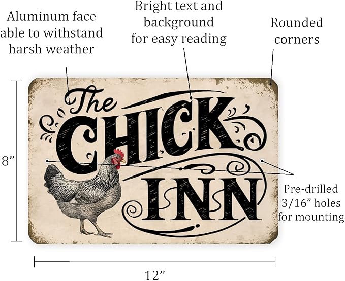 Vintage-Style "The Chick Inn" Sign - Rustic Farmhouse Decor with Detailed Chicken Illustration, 8" x 12"