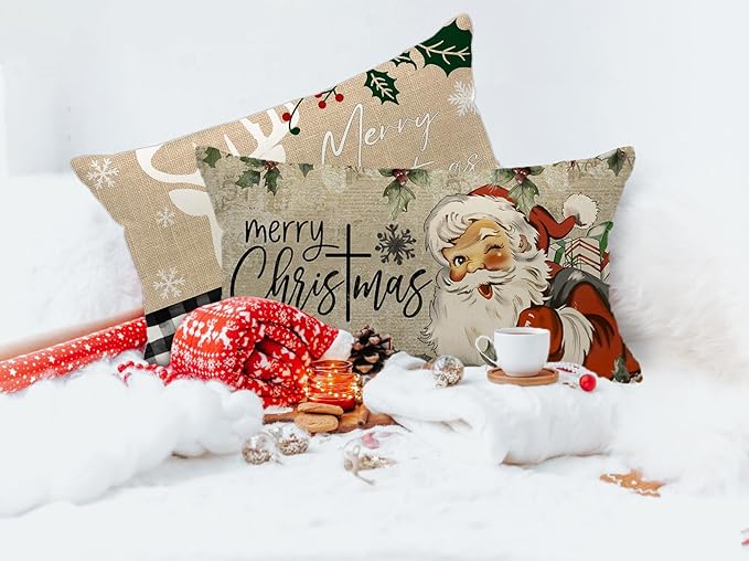 Christmas Pillow Covers 12x20 inch Nostalgic Adorable Santa Claus Decorative Throw Pillow Covers Merry Xmas Winter Retro Farmhouse Decoration for Home Couch