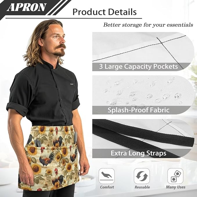 Waist Apron with 3 Pockets Waterproof 13 Inch Short Half Waist Aprons Women Men Server Aprons Waitress Waiter Apron