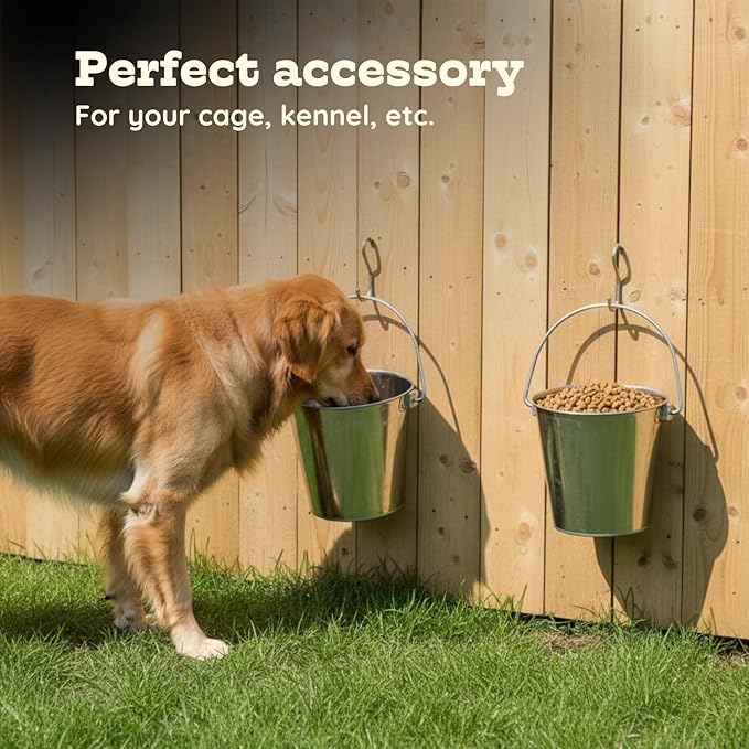 Flat Side Stainless Steel Bucket 6 Quart Hanging Feeding Utility Pail for XL Dog Goat Sheep Livestock, Fits Kennel Cage Crate Farm, Heavy Duty Food & Water Feeder, 1.5 Gallon Silver 2Pack