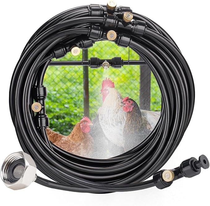 Pre-Assembled Chicken Coop Misting System for Cooling - Leak-Resistant Mist Hose Kit for Summer Poultry Heat Relief, Included 26ft Line, 3/4" Adapter, 7 Brass Nozzles, Filter Gasket Accessories