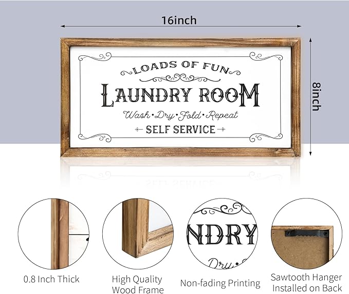 Laundry Room Sign - Vintage Rustic Wooden Wall Decor, Farmhouse Laundry Room Decor with “Loads of Fun” Quote, 16x8 Inches