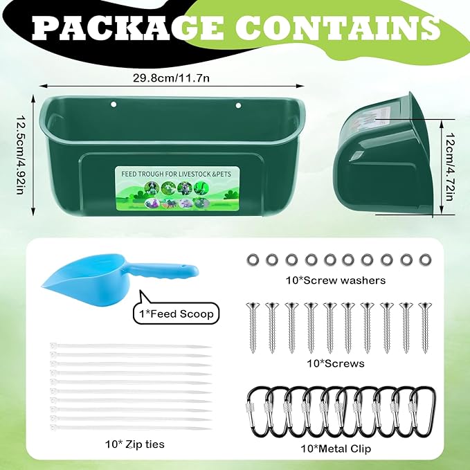 5 Pack Chicken Feeder, Duck Feeder Supplies, Hanging Fence Feed Trough with Clips for Goat, Sheeple, Piglet, Gooses, Turkeys, Dog Livestock Poultry, 8 Quarts in Total, Feed Scoop Included, Green