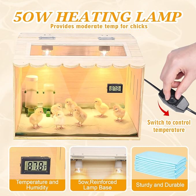 Chicken Brooder Box Kit with Adjustable Temperature Control & Embedded Thermometer - Includes 2 Heating Bulbs, 10 Absorbent Pads, Feeder, Waterer - Brooder Heater for Chicks, Quail