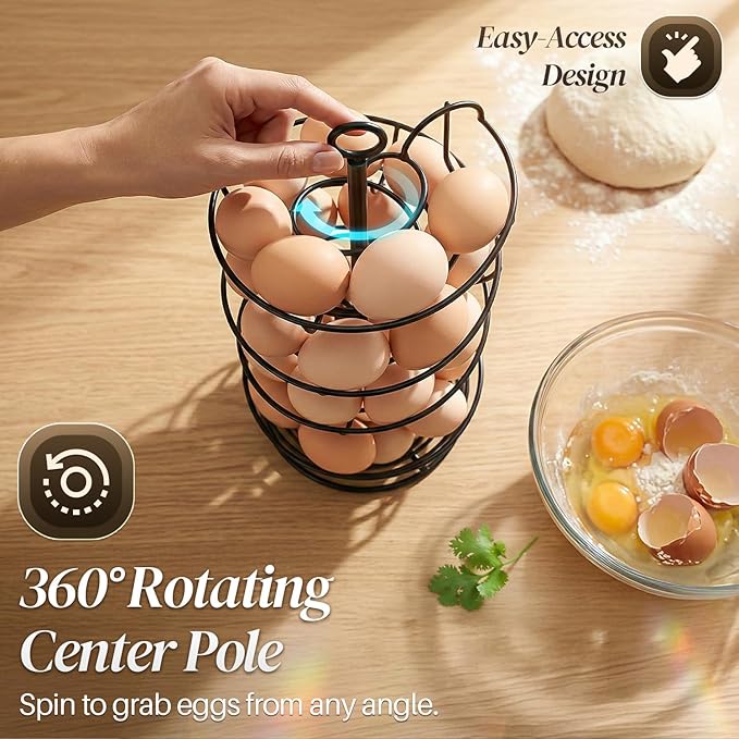 Flexzion Metal Egg Skelter Countertop Egg Holder - Sturdy Black Spiral Egg Holder with Bottom Basket and 360-Degree Rotatable Middle Pole Up to 36-Egg Capacity, Egg Storage Rack Solution