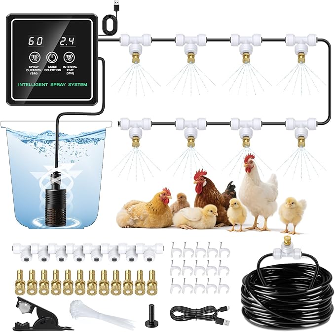 Chicken Mister for Coop with Timer, 32FT Chicken Cooling System with 12 Brass Mister Nozzles, Filter, Cutter, Backyard Chicken Coop Mister, Water Mister for Chickens, Mister System for Outside Patio