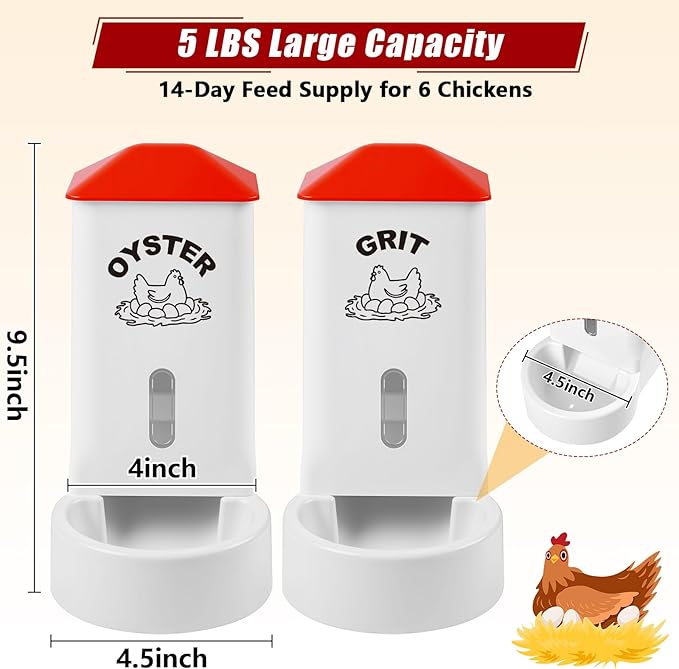 2Pack Oyster Shell and Grit Feeder Combo, PVC Chicken Feeder with Viewing Window/Lid, Hanging Gravity Chicken Grit Feeder, Coop Accessories for Healthier Hens and Eggs