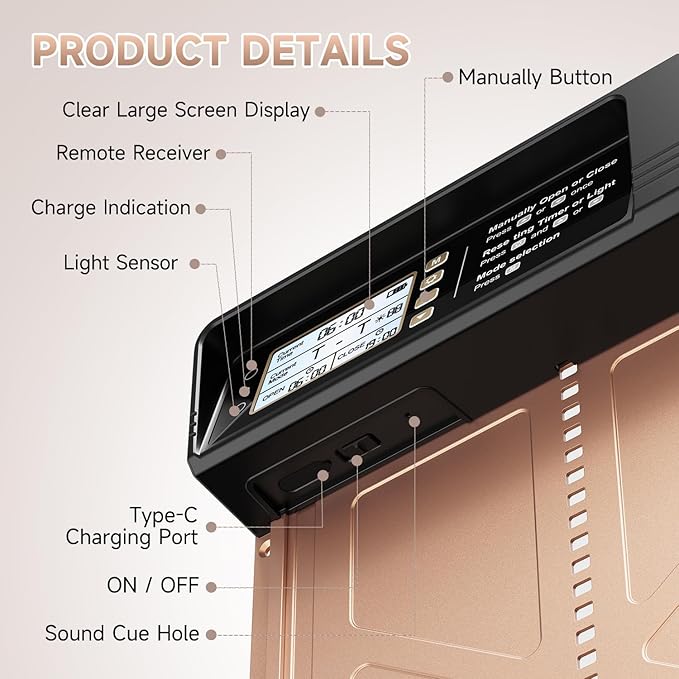 FAKI Automatic Chicken Coop Door Solar Powered with Timer Light Sensor, 2000mAh Battery and 4 Modes, Anti-Pin Brown.