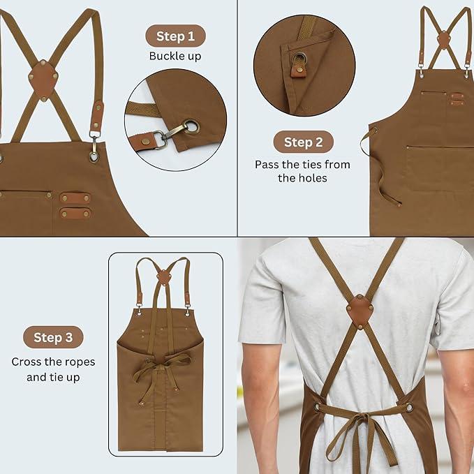 RUVANTI Work Apron for Men, Oil & Water Repellent, Poly Cotton Cross Back Aprons for Women with Pockets, Adjustable up to XXL