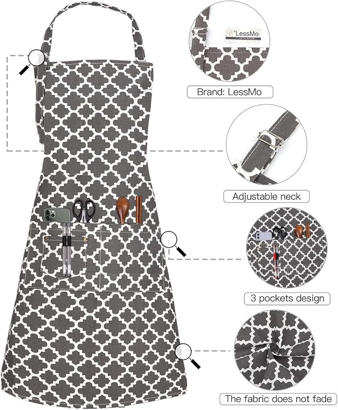 LessMo Kitchen Cooking Aprons with 3 Pockets for Men Women - Cotton Adjustable Professional Grade Chef Apron for Kitchen, BBQ & Grill (Dark Gray)