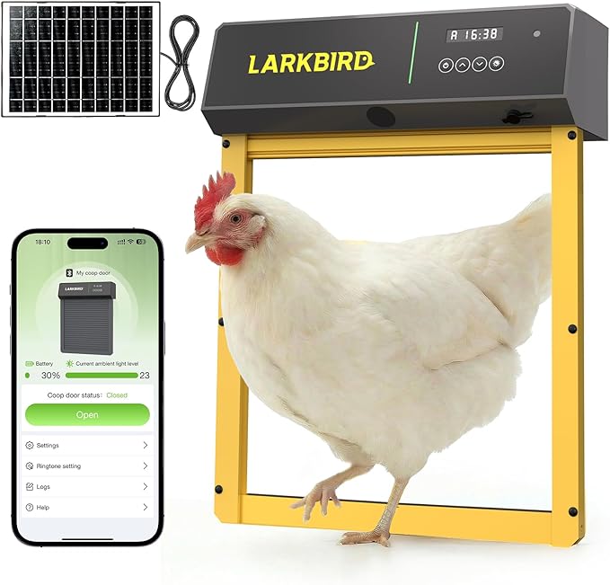 Larkbird Upgraded Automatic Chicken Coop Door Solar Powered, Auto Chicken Door with App Control, Custom Audio Recording, Timer & Light Sensor, Anti-Pinch Design