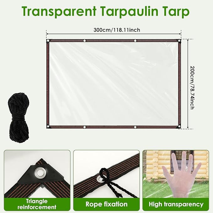 Chicken Coop Cover, Waterproof Chicken Run Tarp Reinforced Edges Coop Covering Easy to Install Clear Run Tarp with Rope for Outdoors Sheds Gardens(6.56×9.84 ft)