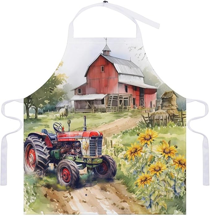 Vintage Watercolor Old Tractor Kitchen Apron, Oil Painting Western Farmhouse Harvest Farm Sunflower Tractor Apron