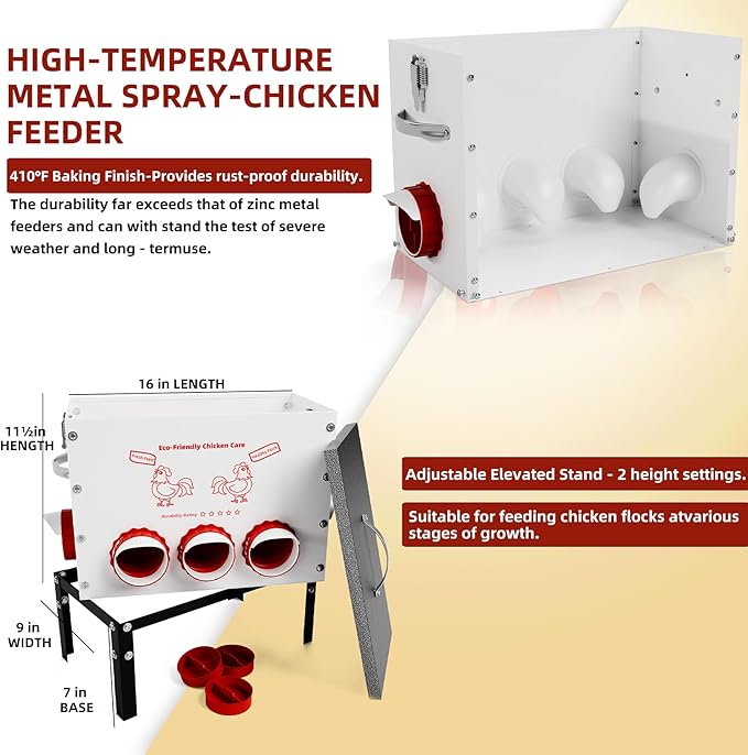 Automatic Chicken Feeder No Waste 50 Pounds 8 Ports Metal Poultry Feeder with Latch & Handle Adjustable Height Heavy-Duty Stand - Outdoor Feeding Station for Chickens, Ducks & Geese(Black-50LB-8Port)
