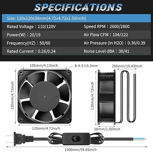 AC Axial 110V 120V 120mm x 38mm Dual Ball Big Airflow Fan for DIY Window Exhaust, Kitchen, Chicken Coop Ventilation, Electric Radiator, Greenhouse, Small Box Cooling