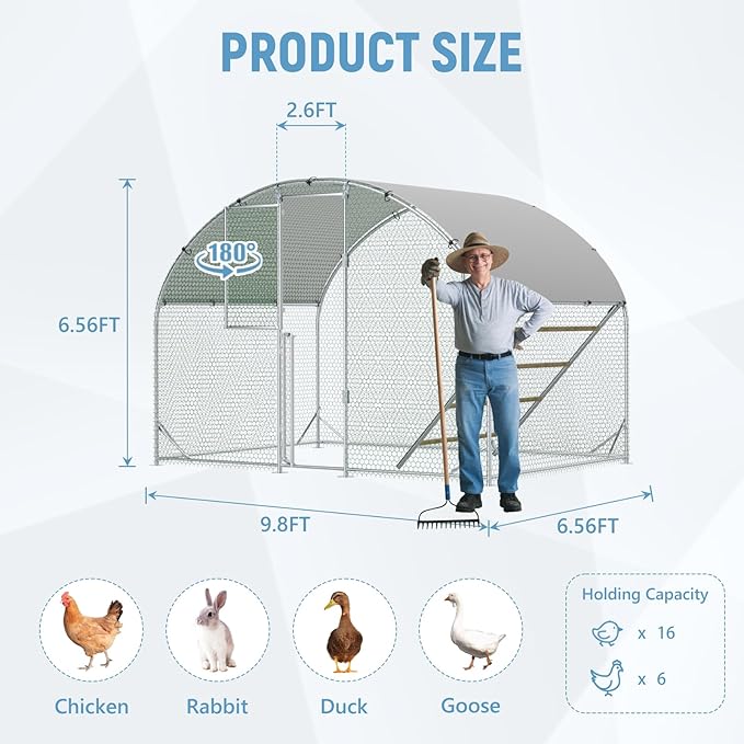 Large Metal Chicken Coop,Chicken Run for Yard with Feeding Door,Outdoor Poultry Cage with Anti-UV Cover,Walk-in Chicken Pen,Duck Rabbit House