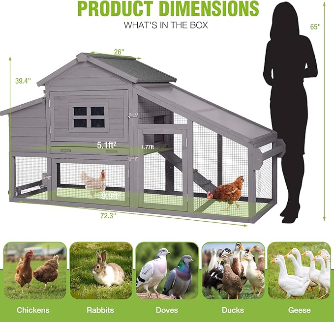 GUTINNEEN Large Chicken Coop on Wheels, Expandable Outdoor Mobile Chicken House, Hen House Poultry Cage with Nesting Box, Leakproof Pull-Out Tray & UV-Resistant Roof – Grey