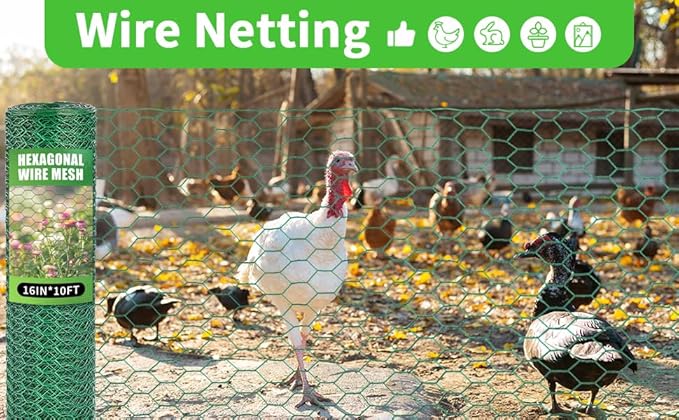 16in x 10ft Chicken Wire for Floral Arrangements, Green Chicken Wire, Hexagonal Galvanized Wire Mesh for Poultry Barrier, Flower Arrangement, Crafts and Garden