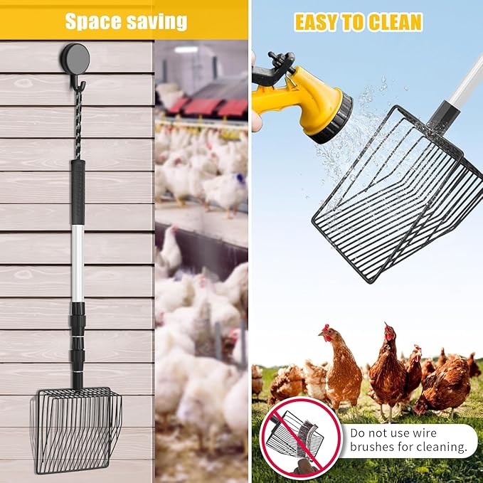 Cat Litter Scoop with Long Handle, 3 in 1 Adjustable 22" to 42" Chicken Coop Litter Scooper, Metal Pooper Sifter, Chicken Coop Sand Scooper, Sturdy Pet Care Tool, Chicken Coop Accessories