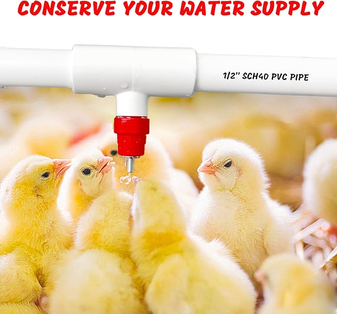 (10 Pack) Chicken Waterer Nipples + PVC Tee Fittings for 1/2" PVC Piping, Horizontal Poultry Nipples & Tees, DIY Chicken Watering System for Geese, Rabbits, Ducks