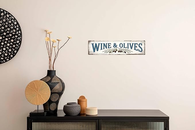 Wine and Olives Metal Sign 4x16in Rustic Plaque for Kitchen Dining Room Wall Decor