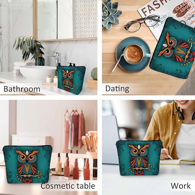 Owl Makeup Organizer Bag Cosmetic Bag For Men Women, Wild Owl Mandala Floral Blue Travel Toiletry Bag Flax Makeup Bags Purse Business Makeup Pouch For Toiletries Cosmetics
