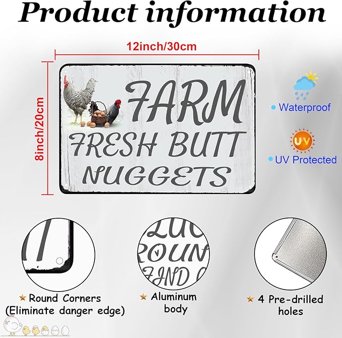 Funny Chicken Sign Gift 2 Pack Ouffun Farm Fresh Butt Nuggets Tin Sign for Home Farm Chicken Coop Farmhouse Kitchen Garden Decor 8 X 12 Inch