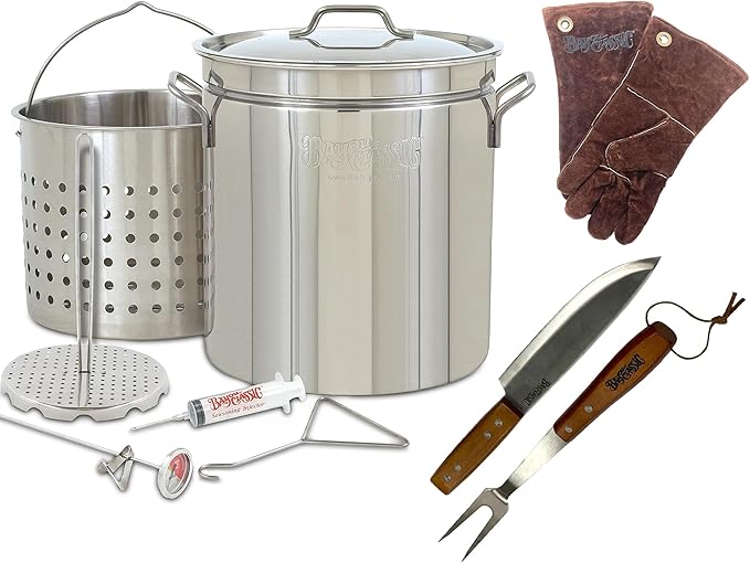 Turkey Deep Fryer Stainless Steel Oversized 44 Quart Stockpot with Basket Poultry Rack Thermometer Hook Seasoning Injector Knife and Fork Set Pair of Fry Gloves for Super Large Turkeys up to 25 Pounds