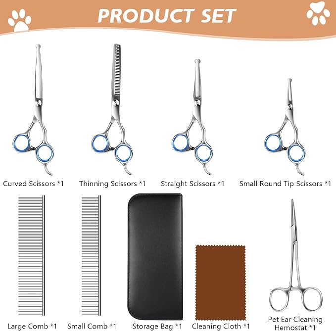 Niura Pet Grooming Scissors Set - Professional Stainless Steel Grooming Kit with Curved, Straight, Thinning, Round Tip Scissors, Combs, Ear Cleaning Hemostat Forceps & Storage Bag