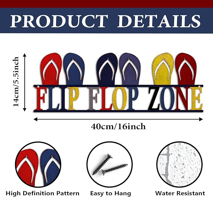 Metal Flip Flop Zone Wall Hanging Decor Sign, Vintage Flip Flop Coastal Decorations for Home Bathroom Bedroom, 5.5x16 inches