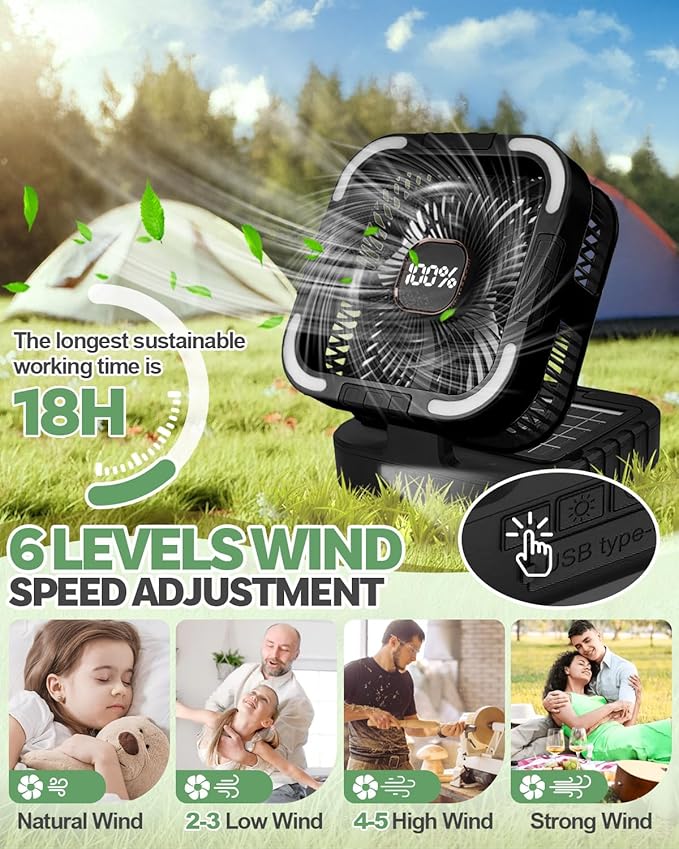 25000mah Camping Solar Fan, 120° Oscillation Rechargeable Solar Powered Fan with LED Light, 6 Adjustable Speeds Battery Powered Portable Fans, USB-C Fans for Travel Tent Camping Accessories