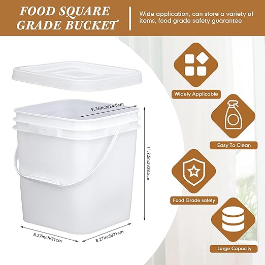 Mumufy 5 Pcs 3.5 Gallon Square Food Grade Bucket with Lid Square Bucket Pail Plastic Handles for Long Term Food Storage, Camping, Fishing, Home Organization Easy Stack and Store (White)
