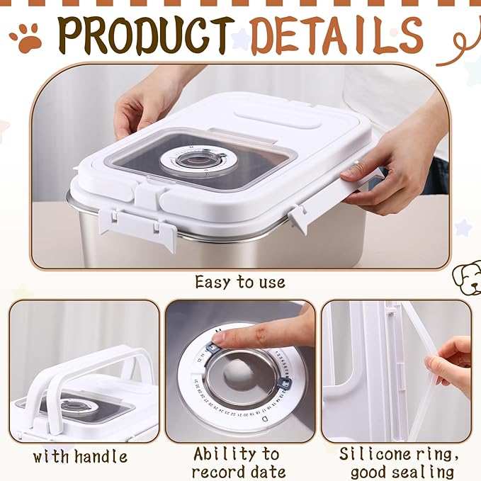 Honeydak 14.76 x 10.4 x 7.28 Inches Stainless Steel Dog Food Storage Container with Silicone Airtight Lid with Scoop Metal Pet Dog Cat Food Storage Container Keep Fresh Easy to Clean