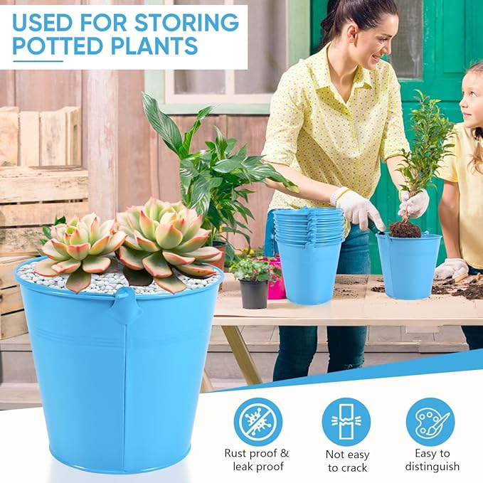 OBTANIM 7 Pack Blue Metal Buckets with Handle Galvanized Ice Pails for Plants, Succulents, Party Favors Organizing, Rustic Home Decor or Classrooms Pencil Storage (6 x 4.4 inch)