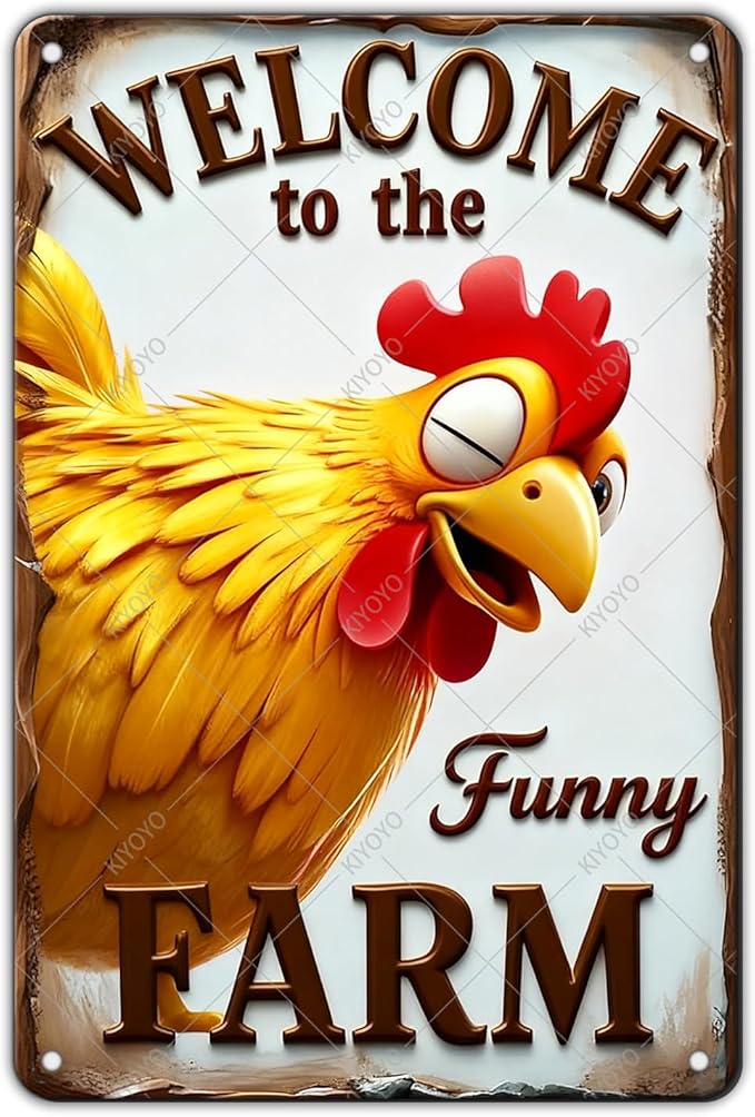 Funny Sign Rooster Decor Welcome To The Funny Farm Rustic Tin Sign for Home Farm Chicken Coop Decor 12x8 Inch