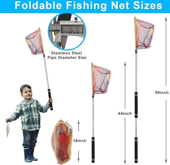Fishing Landing Net, Fishing Net with Handle for Fishing with Splicing Extension Pole Handle Sturdy Stainless Steel Tubes Comfortable Sponge Handle, yellow