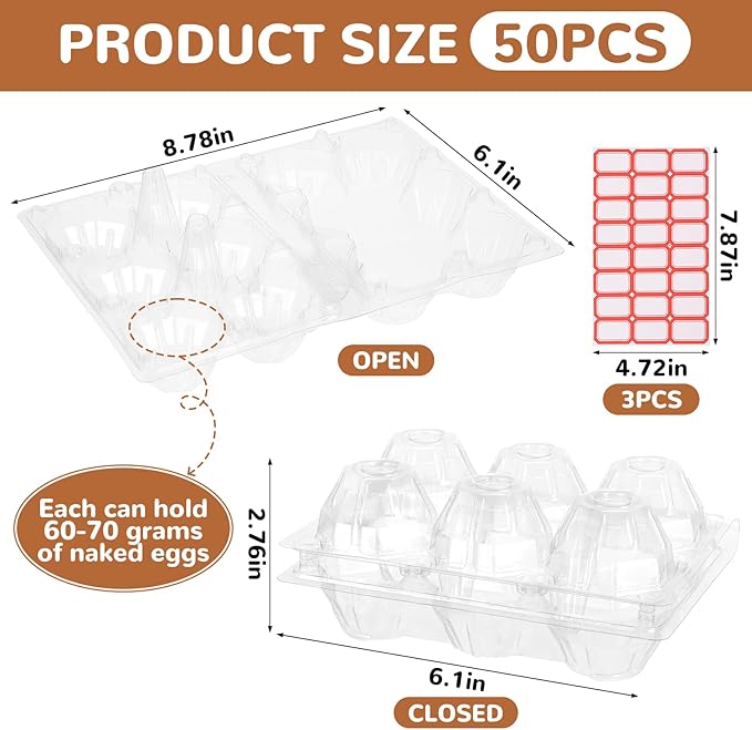 50-Pack of 6-Count Plastic Egg Cartons – Clear Break-Resistant & Reusable Egg Tray for Duck or Medium Eggs, Stackable Eggs Holder for Refrigerator, Home Kitchen, Market & Farm Use