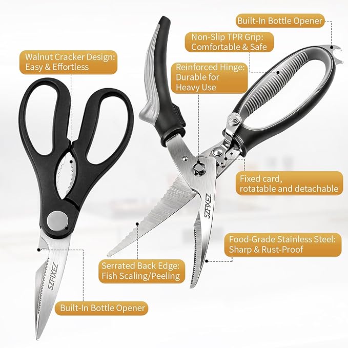 2-Piece Kitchen Scissors Set - Heavy Duty Detachable Food Grade Poultry Shears for Chicken Bones/Fish Scale & Lightweight Multi-Function Shears with Bottle Opener/Walnut Cracker/Vegetables/Meat