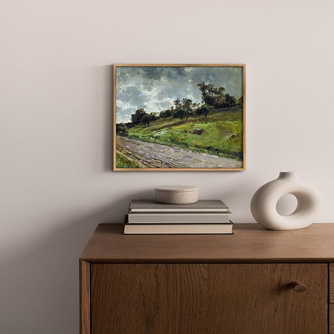 Vintage Country Wall Art Natural Landscape Picture Country Road Painting Antique Farmhouse Wall Art Wilderness Artwork Rustic Landscape Poster Vintage Village Painting Green Scenery Picture 8x10in Framed