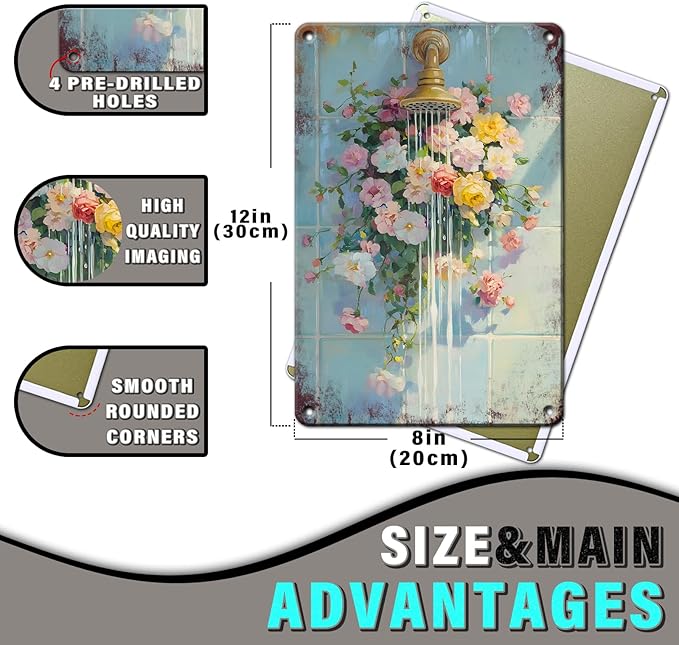 Floral Bathroom Metal Wall Sign Bathroom Flower Wall Art Wildflower Watercolor Print Floral Shower Decor Flower Vintage Poster Sign 12x16inch