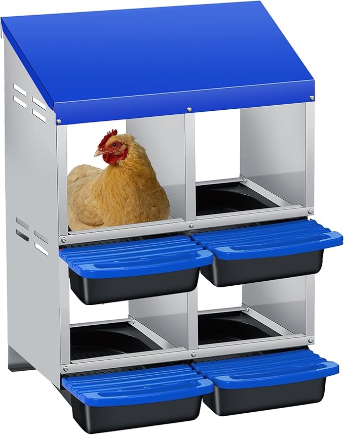 Nesting Boxes for Chickens, 4 Holes Chicken Nesting Box with Removable Tray, Easy Egg Collection, Roll Away Nesting Box for Hens, Chicken Coop, Double Layer, Blue