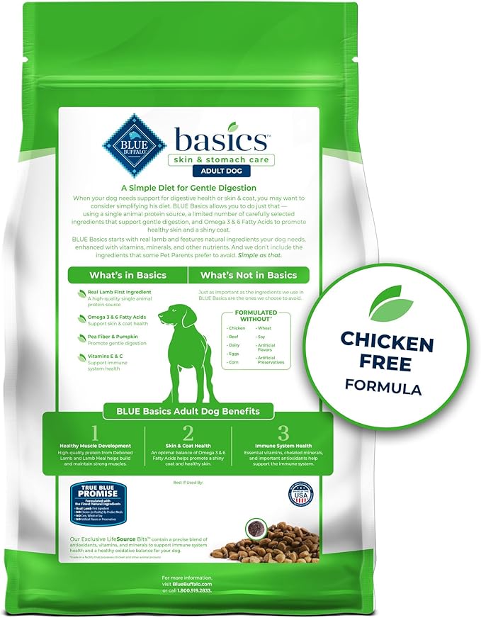 Blue Buffalo Basics Grain-Free Adult Dry Dog Food, Skin & Stomach Care, Limited Ingredient Diet for Dogs, Lamb Recipe, 11-lb. Bag