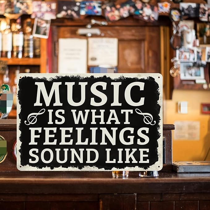 Cenacle Music Is What Feelings Sound Like Tin Sign 8x12 Inches Art Deco Rectangular Wall Mount Black Music Studio Decor